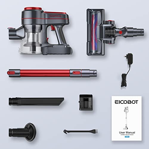 Cordless Vacuum Cleaner, EICOBOT A10 Red High Efficiency Stick Vacuum with 30min Long Runtime Detachable Battery, 4 in 1 Lightweight Quiet Vacuum Cleaner Perfect for Hardwood Floor Pet Hair Red