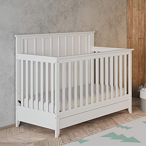 Storkcraft Forrest 5-in-1 Convertible Crib with Drawer (White) – GREENGUARD Gold Certified, Crib with Drawer Combo, Full-Size Nursery Storage Drawer, Converts to Toddler Bed, Daybed and Full-Size Bed