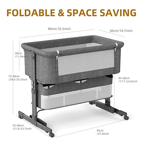 XJD Baby Bassinets Bedside Sleeper Portable Baby Crib for Toddler with Storage Basket Easy Folding Bedside Crib with Breathable Mattress Adjustable Height for Newborn Infant Baby Boy Baby Girl(Grey)