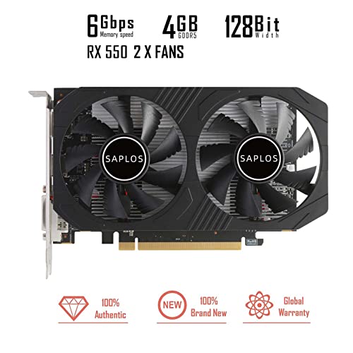 SAPLOS Radeon RX 550 4GB Graphics Card, GDDR5 128-bit, Dual Air Cooling, DisplayPort DVI-D HDMI, Video Card for PC, Computer Gaming GPU, 4K Display Support, Low Power, Plug & Play, DirectX 12