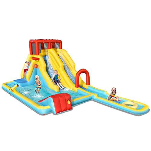 BOUNTECH Inflatable Water Slide, 7 in 1 Double Long Slide Giant Water Park with Climbing Wall, Swimming Pool, Basketball Rim, Water Gun, Water Slides Inflatables for Kids and Adults Outdoor Backyard
