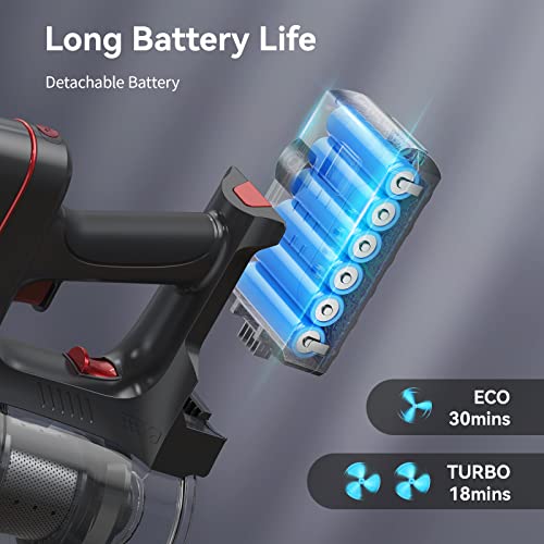 Cordless Vacuum Cleaner, EICOBOT A10 Red High Efficiency Stick Vacuum with 30min Long Runtime Detachable Battery, 4 in 1 Lightweight Quiet Vacuum Cleaner Perfect for Hardwood Floor Pet Hair Red