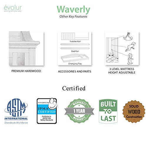 Evolur Waverly 5-in-1 Full Panel Convertible Crib in Weathered White, Greenguard Gold Certified 58.75x31.25x46.5 Inch (Pack of 1)