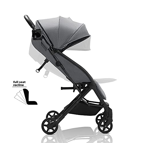 Mompush Lithe, Lightweight Stroller, Compact One-Hand Fold Luggage-Style Travel Stroller for Airplane Friendly, Reclining Seat and XL Canopy, with Rain Cover & Travel Carry Bag & Cup Holder