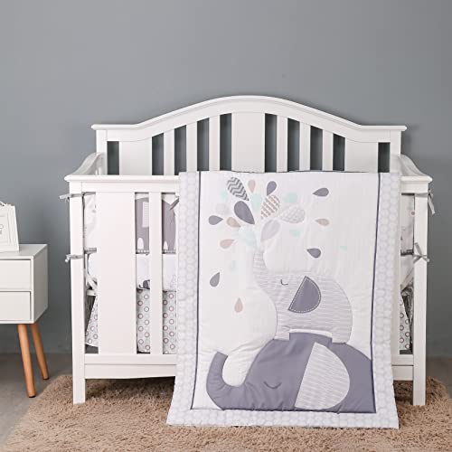 6 PC Elephant Crib Bedding Sets for Baby Boys,Grey/White Crib Set with Crib Skirt/Quilt/Crib Sheet/3 Wall Stickers