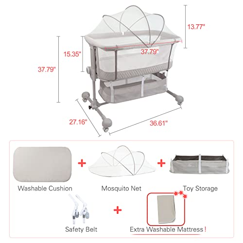 HAHASOLE Baby Bassinet Bedside Sleeper, 3 in 1 Bedside Crib with Detachable Mosquito Net, Portable Baby Nursery Bed with Mattress, Bedside Sleeper with 6 Height Adjustable & 2 Baby Bassinet Sheets