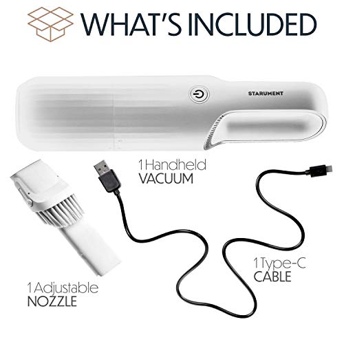 Starument Portable Hand Vacuum Cleaner Handheld Cordless Cleaner for Dust Pet Hair Dirt, Home, Car Interior, Lightweight, Easy to Use, Compact Design Battery Rechargeable with USB-C Cable White