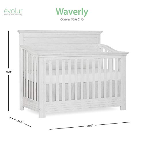 Evolur Waverly 5-in-1 Full Panel Convertible Crib in Weathered White, Greenguard Gold Certified 58.75x31.25x46.5 Inch (Pack of 1)