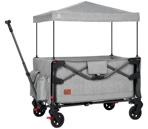 EVER ADVANCED Foldable Wagon Stroller for 2 Kids & Cargo, Collapsible Folding Toddler Wagon with Removable Canopy, Adjustable 5-Point Harness, Lightweight Carry-on Stroller for Airplane with Carry Bag