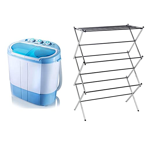 Upgraded Version Pyle Portable Washer & Spin Dryer, Mini Washing Machine & Amazon Basics Foldable Clothes Drying Laundry Rack - Chrome