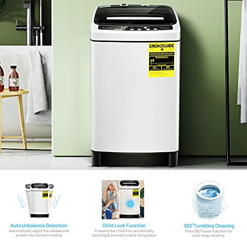 COSTWAY Portable Washing Machine, 11Lbs Capacity Full-automatic Washer with 8 Wash Programs, LED Display, 10 Water Levels, Compact Laundry Washer and Dryer Combo for Apartment, Dorm (White)