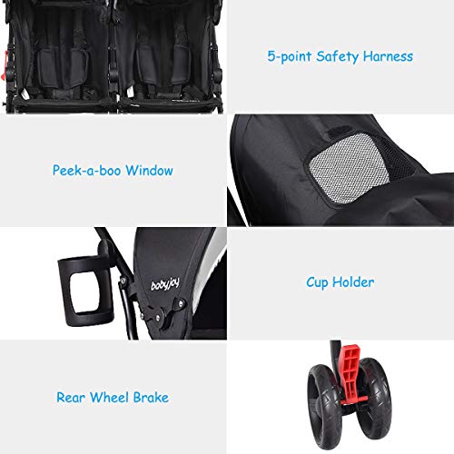 BABY JOY Double Light-Weight Stroller, Travel Foldable Design, Twin Umbrella Stroller with 5-Point Harness, Cup Holder, Sun Canopy for Baby, Toddlers (Black)