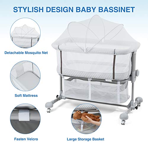 beiens 3-in-1 Baby Bassinet, Baby Crib Bedside Sleeper with Detachable Mosquito Net, 6 Height Adjustable Easy Folding Bassinet Portable Nursery Bed for Infant, Newborn, Baby Boys & Girls