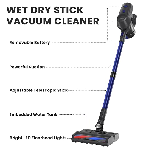 LACIDOLL Cordless Vacuum Cleaner 20kpa Lightweight Wet Dry Stick Vacuum Cleaner for Hard Floor Car Bagless Upright Vacuum Cleaner for Pet Hair with Detachable Battery Blue