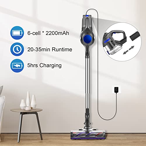 Tocwon Cordless Vacuum Cleaner, Stick Lightweight for Hard Floor Carpet Pet Hair, Household Cleaner 4 in 1 with Powerful Suction, Motorized Led Brush, 1.3L Large Capacity, Blue (TOCN00202201)