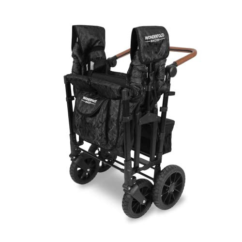 WONDERFOLD W4 Luxe Quad Stroller Wagon Featuring 4 High Face-to-Face Seats with Magnetic Buckle 5-Point Harnesses and Adjustable/Removable UV-Protection Canopy, Black Camo