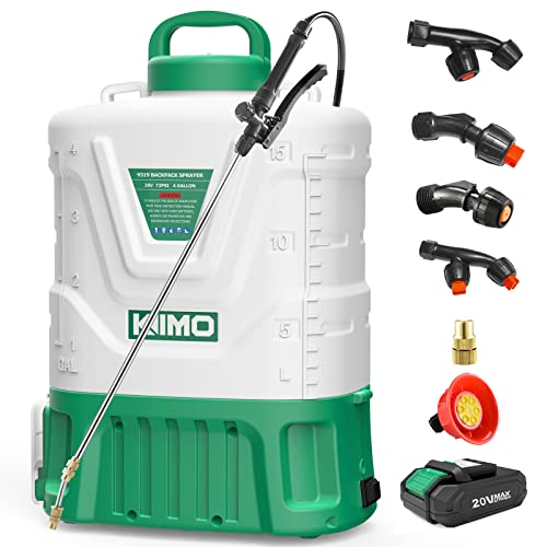 KIMO 4 Gallon Garden Sprayer, 72PSI Backpack Sprayer, 20V 2.0Ah Battery Powered Sprayer w/ 6 Nozzles & Metal Wand, No Manual Pump Electric Sprayer, Sprayers in Lawn and Garden for Weeding, Cleaning