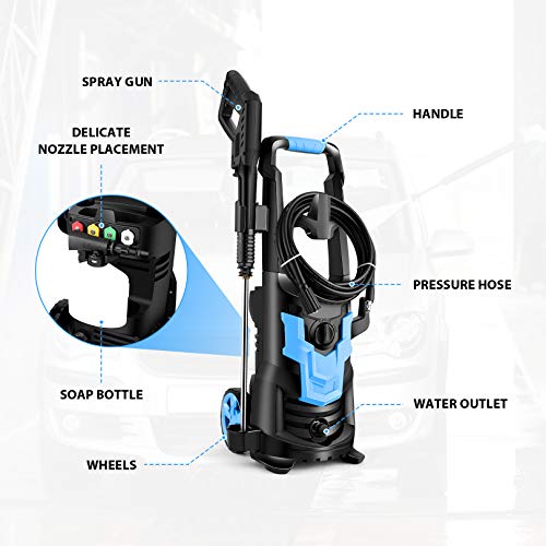 WHOLESUN 3000PSI Pressure Washer, 1900W High Power Washer 2.6 GPM Powerful Machine with Hose Reel, Self Assembled, Rotatable Iron Spray Lance for Patio, Garden, and Car Cleaning(Blue)