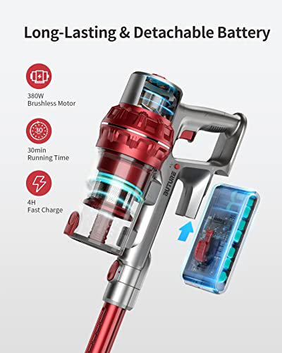BuTure Cordless Vacuum Cleaner, Powerful Stick Vacuum with 380W 30KPa, 35min Runtime Lightweight Vacuum Cleaners with Telescopic Tube and Detachable Battery Handheld Vacuum for Carpet/Floor/Pet/Stair