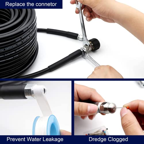 EOPDGIR 150 FT Sewer Jetter Kit for Pressure Washer,Sewer Jetter Nozzles Kit,Drain Cleaning Hose for Pressure Washer,Corner,Button Nose and Rotating Sewer Jetting Nozzle,1/4 Inch NPT,5800 PSI (150FT)