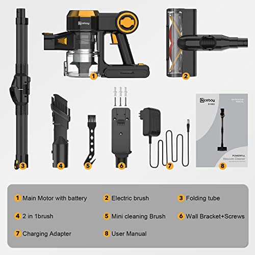Cordless Vacuum Cleaner, Nicebay 25Kpa Brushless Motor Stick Vacuum Cleaner,Digital Touchscreen&Smart Induction Auto-Adjustment, 4 in 1 Lightweight Handheld Vacuum for Hardwood Floor Carpet Hair