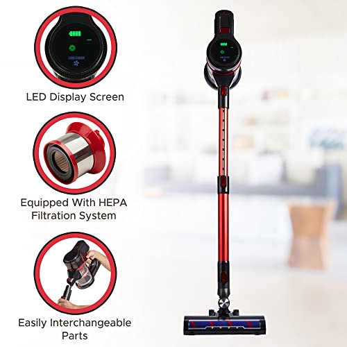 Britech Cordless Lightweight Stick Vacuum Cleaner, 250W Motor for Powerful Suction 30min Runtime, LED Display Screen & Headlights, Great for Carpet Cleaner, Hardwood Floor & Pet Hair (Red)