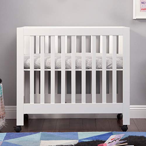 Babyletto Origami Mini Portable Crib Folding with Wheels in White, 2 Adjustable Mattress Positions, Greenguard Gold Certified