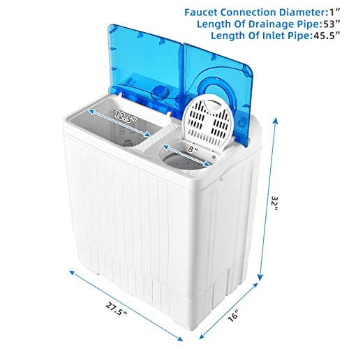 Giantex Portable Washing Machine, 2 in 1 Washer and Spinner Combo, 26lbs Capacity 18 lbs Washing 8 lbs Spinning, w/Timer Control, Built-in Drain Pump, Dorm Apartment Semi-Automatic Laundry Twin Tub Mini Washer (Blue & White)