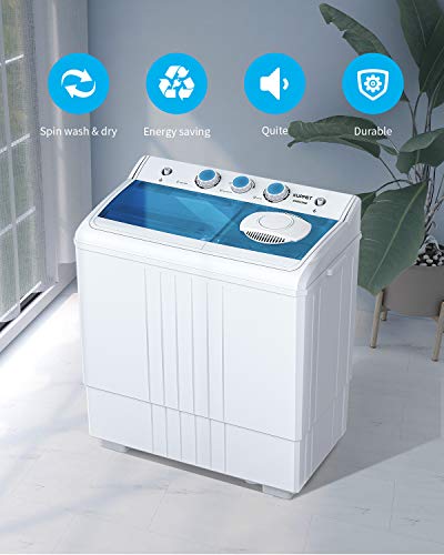 KUPPET Compact Twin Tub Portable Mini Washing Machine 21lbs Capacity, Washer(14.4lbs)&Spiner(6.6lbs)/Built-in Drain Pump/Semi-Automatic, White&Blue