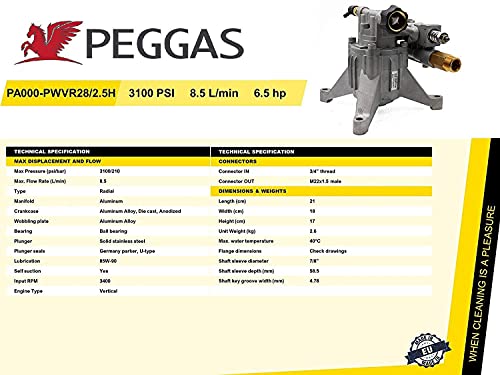 PEGGAS 7/8" Shaft Vertical Pressure Washer Pump - 3000 PSI @ 2.5 GPM OEM & Replacement Pump for Power Washer Compatible with 308653045, 308653093, 308653052, 308653078, GCV190, and more
