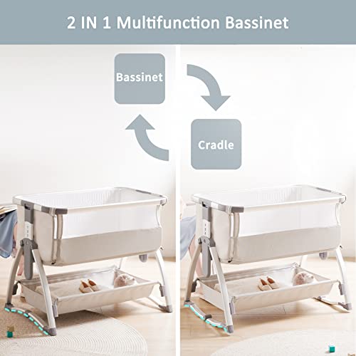 Baby Bassinet, Bedside Sleeper Newborn Crib Adjustable Height with Mattress, 3 in 1 Rocking Cradle Infant & Toddler Beds Bassinets(Light Grey)