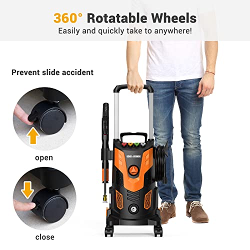 Upgraded 3000PSI Pressure Washer, 2.5GPM Portable Electric Power Washer with 360° Spinner Wheels, 4 Quick Connect Nozzles Foam Cannon for Car/Patio/Deck/Home Cleaning