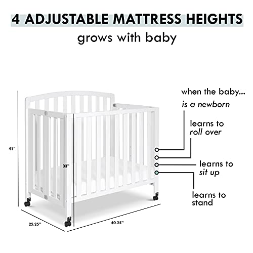 DaVinci Dylan Folding Portable 3-in-1 Convertible Mini Crib and Twin Bed in White, Greenguard Gold Certified