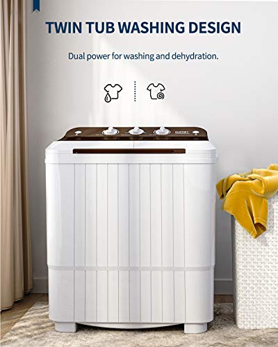 KUPPET Washing Machine, 16.5lbs Compact Twin Tub Wash&Spin Combo for Apartment, Dorms, RVs, Camping and More, White&Brown