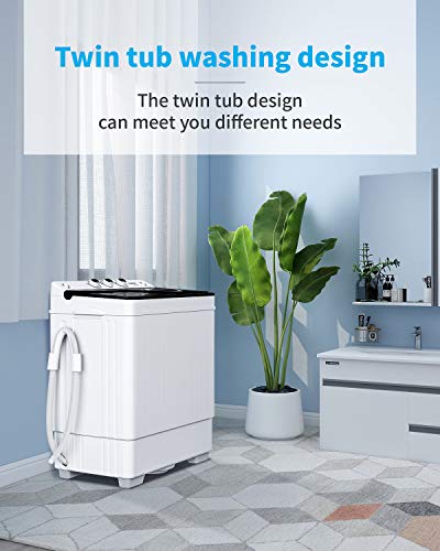 KUPPET Compact Twin Tub Portable Mini Washing Machine 26lbs Capacity, Washer(18lbs)&Spiner(8lbs)/Built-in Drain Pump/Semi-Automatic (White&Black)