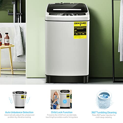 COSTWAY Portable Washing Machine, 11Lbs Capacity Full-automatic Washer with 8 Wash Programs, LED Display, 10 Water Levels, Compact Laundry Washer and Dryer Combo for Apartment, Dorm (Grey)