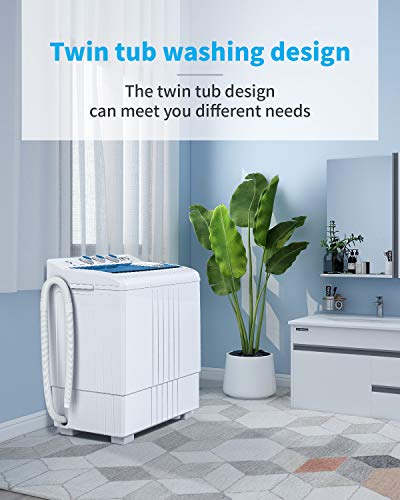 KUPPET Compact Twin Tub Portable Mini Washing Machine 21lbs Capacity, Washer(14.4lbs)&Spiner(6.6lbs)/Built-in Drain Pump/Semi-Automatic, White&Blue