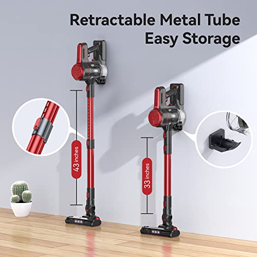 Cordless Vacuum Cleaner, EICOBOT A10 Red High Efficiency Stick Vacuum with 30min Long Runtime Detachable Battery, 4 in 1 Lightweight Quiet Vacuum Cleaner Perfect for Hardwood Floor Pet Hair Red