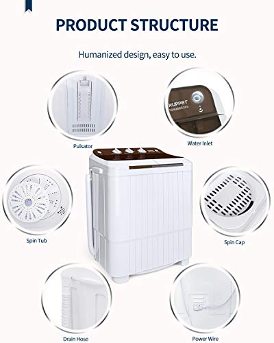KUPPET Washing Machine, 16.5lbs Compact Twin Tub Wash&Spin Combo for Apartment, Dorms, RVs, Camping and More, White&Brown