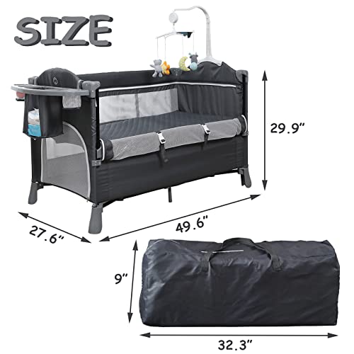 5 in 1 Baby Bassinet Bedside Sleeper Bed Side Crib with Mattress, Toys and Music Box, Diaper Changer, Portable Travel Crib for Girl Boy Infant Newborn, Adjustable Height