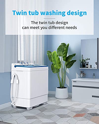 Twin Tub Portable Mini Washing Machine 26lbs Capacity, Compact Washer(18lbs)&Spiner(8lbs)/Built-in Drain Pump/Semi-Automatic (White&Blue)