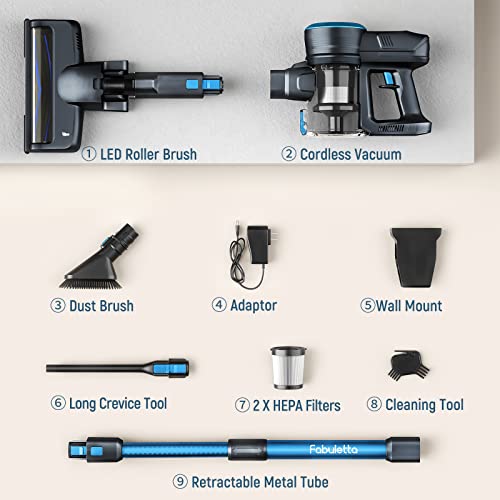 Fabuletta 24 Kpa Cordless Vacuum Cleaner - 6 in 1 Lightweight Stick Vacuum with Powerful Suction 250W Brushless Motor, for Pet Hair Carpet Hard Floor, Max 45 Min Runtime, Led Display, Blue