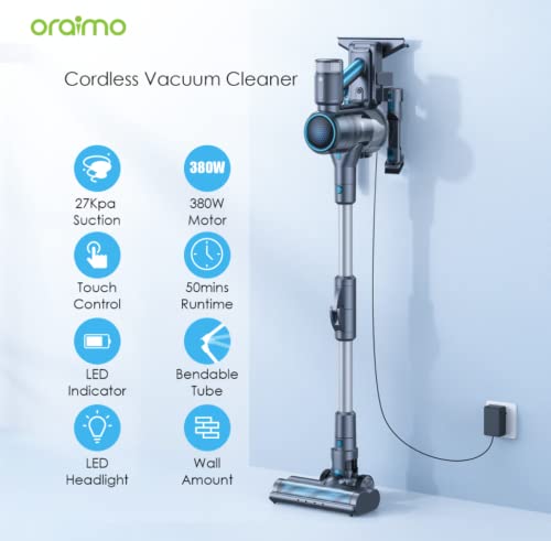 Oraimo Cordless Vacuum Cleaner, 27 Kpa Stick Vacuum Rechargeable, Cordless Stick Vacuum with 380W Brushless Motor, Foldable Vacuum Cleaner for Hardwood Floor Carpet Baseboard, up to 50mins Runtime