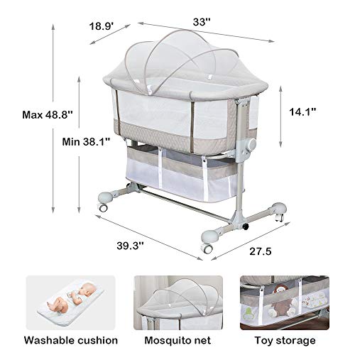 Baby Bassinets Bedside Sleeper, Bedside Crib 3 in 1 Adjustable Travel Baby Bed with Breathable Net and Mattress, Easy Folding Portable Bassinet for Baby (Grey)