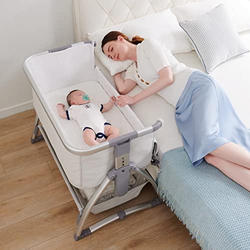 Baby Bassinet, Bedside Sleeper Newborn Crib Adjustable Height with Mattress, 3 in 1 Rocking Cradle Infant & Toddler Beds Bassinets(Light Grey)