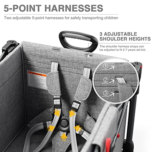 EVER ADVANCED Foldable Wagons for Two Kids & Cargo, Collapsible Folding Stroller with Adjustable Handle Bar,Removable Canopy with 5-Point Harness