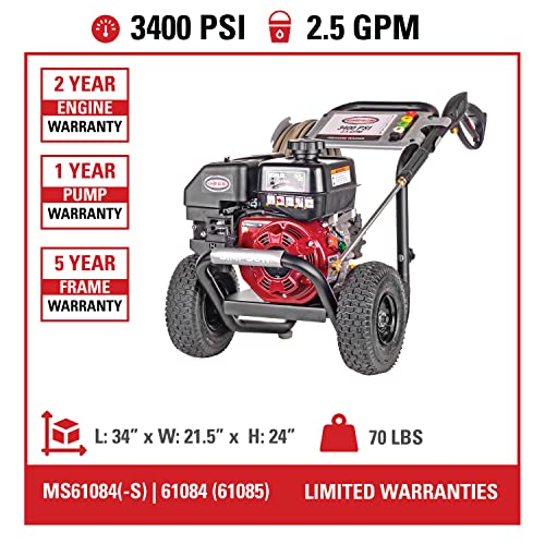 Simpson Cleaning MS61085 MegaShot 3400 PSI Gas Pressure Washer, 2.5 GPM, Kohler SH270, Includes Spray Gun and Extension Wand, 5 QC Nozzle Tips, 5/16-in. x 25-ft. MorFlex Hose, Black