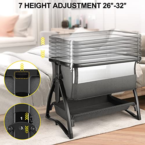 Baby Bassinet, Bedside Sleeper for Baby, Baby Crib Bassinet for Newborn/Infant/Baby Boy/Baby Girl with Storage Basket, Easy to Assemble , Adjustable Height Portable, Quick Assemble Safe Stable