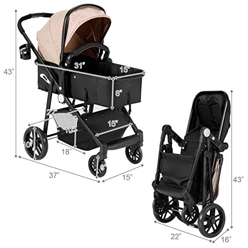 HONEY JOY Baby Stroller, High Landscape Convertible Infant Bassinet Stroller, Adjustable Canopy & Backrest, Storage Basket, Cup Holder, Foldable Newborn Carriage Pram Stroller (Coffee)