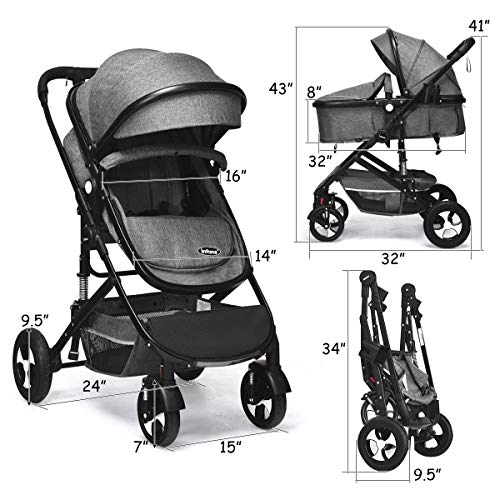 INFANS Baby Stroller for Newborn, 2 in 1 High Landscape Convertible Reversible Bassinet Pram for Infant & Toddler, Foldable Aluminum Alloy Pushchair with Adjustable Backrest, 3D Suspension (Grey)